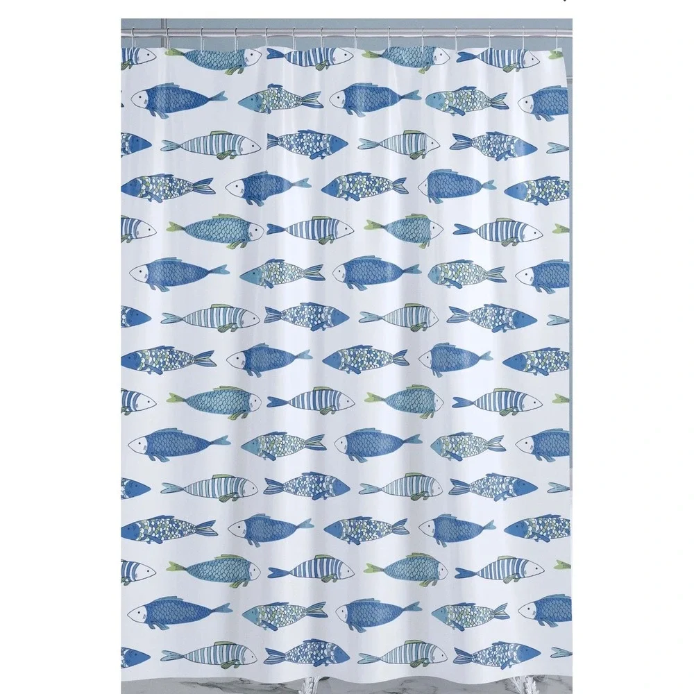 Levtex Home Catalina Fish Shower Curtain Blue Green White 100% Cotton 72x72 NWT